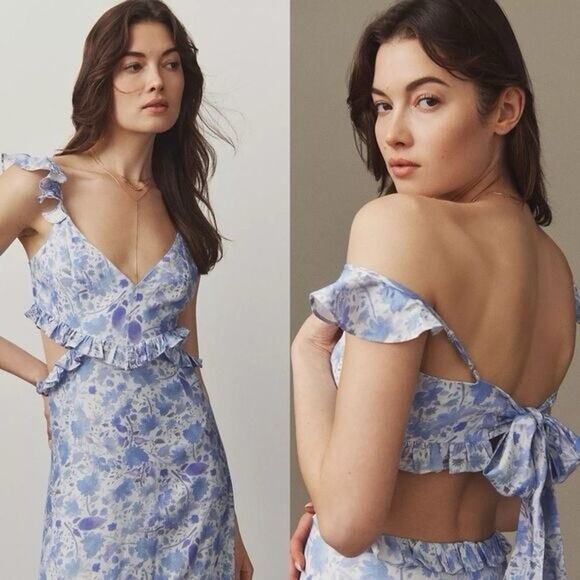 ASTR the Label Cassis Floral Ruffle Maxi Dress Light Blue Cutout XS Boho - Picture 3 of 13